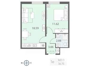 1-к квартира, вторичка, 37м2, 18/23 этаж