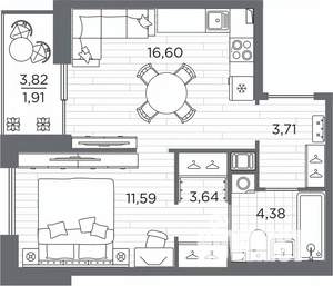 1-к квартира, вторичка, 42м2, 9/25 этаж