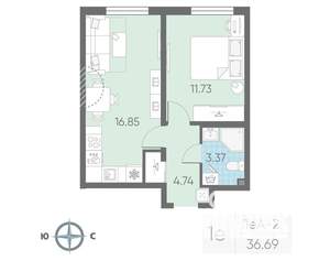 1-к квартира, вторичка, 37м2, 19/23 этаж