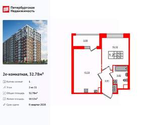 1-к квартира, вторичка, 33м2, 2/11 этаж