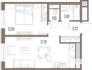 1-к квартира, строящийся дом, 44м2, 4/10 этаж