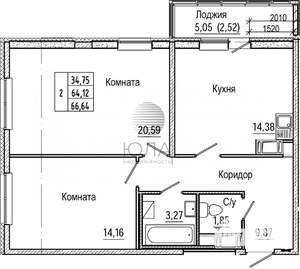 2-к квартира, вторичка, 65м2, 23/25 этаж