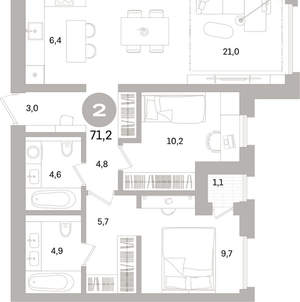 2-к квартира, вторичка, 71м2, 11/17 этаж
