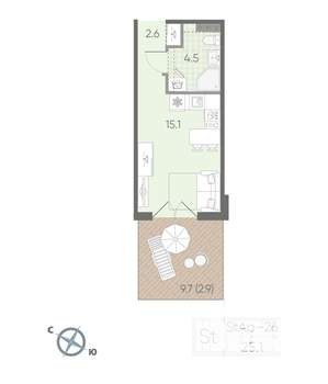 Студия квартира, вторичка, 25м2, 1/4 этаж