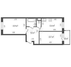 2-к квартира, вторичка, 55м2, 3/4 этаж