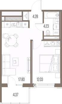 1-к квартира, строящийся дом, 38м2, 5/10 этаж