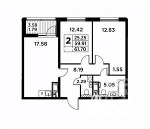 2-к квартира, вторичка, 63м2, 6/14 этаж