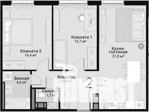 2-к квартира, вторичка, 64м2, 10/13 этаж