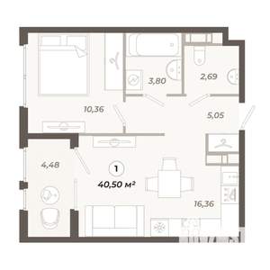 1-к квартира, строящийся дом, 41м2, 5/12 этаж