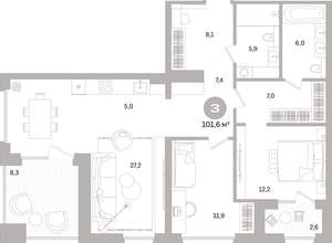 2-к квартира, вторичка, 102м2, 8/16 этаж