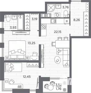 2-к квартира, вторичка, 69м2, 5/25 этаж