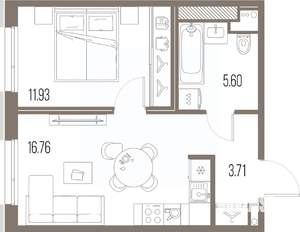 1-к квартира, строящийся дом, 38м2, 5/10 этаж