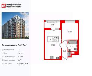 1-к квартира, вторичка, 34м2, 9/11 этаж