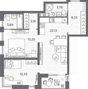2-к квартира, вторичка, 69м2, 2/25 этаж
