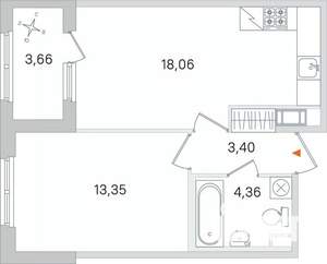 1-к квартира, строящийся дом, 39м2, 3/4 этаж