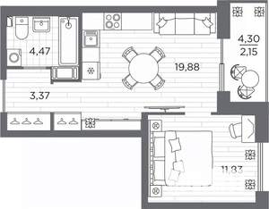 1-к квартира, вторичка, 42м2, 17/25 этаж