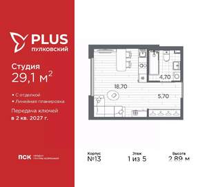 Студия квартира, вторичка, 29м2, 1/5 этаж
