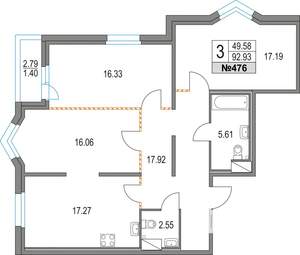 3-к квартира, строящийся дом, 93м2, 8/16 этаж