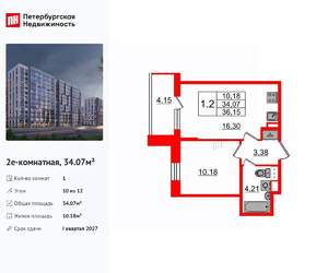 1-к квартира, вторичка, 34м2, 10/12 этаж