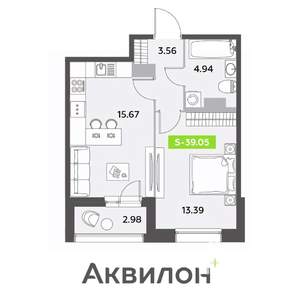 2-к квартира, строящийся дом, 39м2, 5/12 этаж