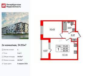 1-к квартира, вторичка, 35м2, 2/5 этаж