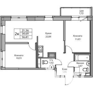 2-к квартира, вторичка, 55м2, 6/23 этаж