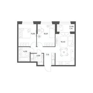 2-к квартира, вторичка, 54м2, 13/24 этаж