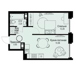 1-к квартира, вторичка, 39м2, 3/6 этаж