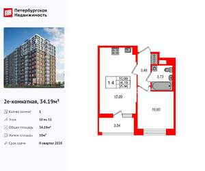 1-к квартира, вторичка, 34м2, 10/11 этаж