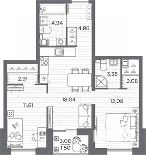 2-к квартира, вторичка, 61м2, 6/25 этаж