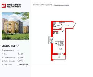 Студия квартира, вторичка, 28м2, 2/12 этаж