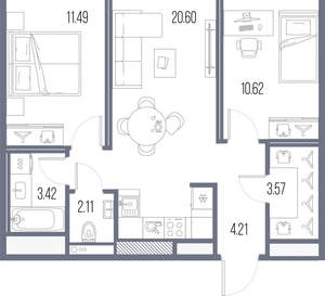 2-к квартира, строящийся дом, 56м2, 8/10 этаж