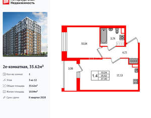 1-к квартира, вторичка, 36м2, 3/12 этаж
