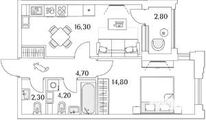 1-к квартира, строящийся дом, 44м2, 10/13 этаж