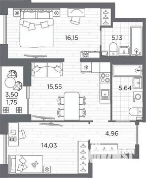 2-к квартира, вторичка, 63м2, 1/25 этаж