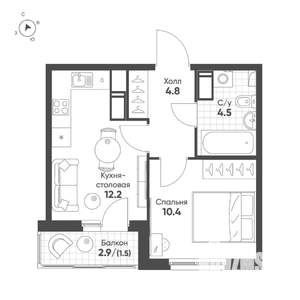 1-к квартира, вторичка, 33м2, 3/12 этаж