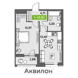 1-к квартира, вторичка, 41м2, 2/12 этаж