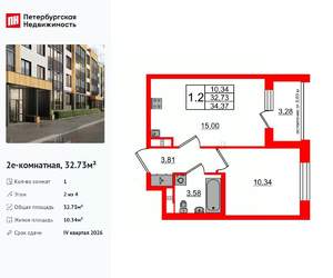 1-к квартира, вторичка, 33м2, 2/4 этаж