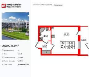 Студия квартира, вторичка, 25м2, 1/5 этаж