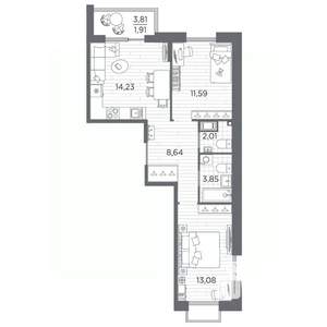 2-к квартира, вторичка, 55м2, 2/7 этаж