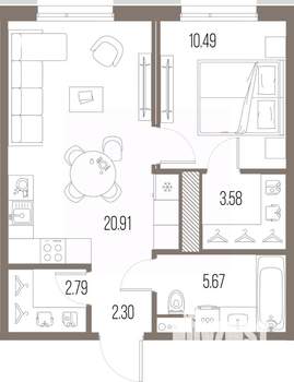 1-к квартира, строящийся дом, 46м2, 10/10 этаж