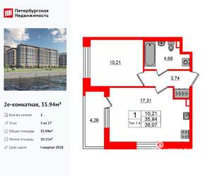 1-к квартира, вторичка, 36м2, 1/17 этаж