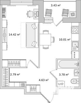 1-к квартира, вторичка, 39м2, 8/17 этаж