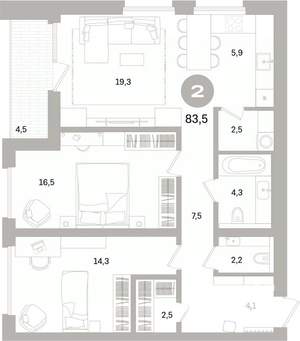 2-к квартира, вторичка, 84м2, 3/16 этаж