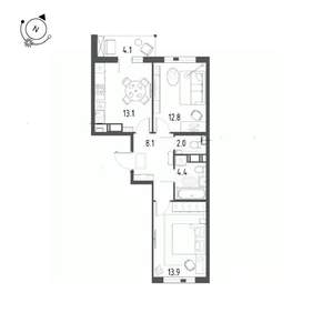2-к квартира, вторичка, 57м2, 7/12 этаж