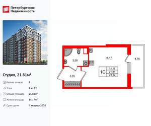 Студия квартира, вторичка, 22м2, 1/12 этаж