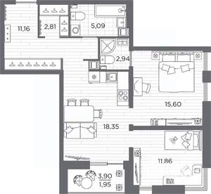 2-к квартира, вторичка, 69м2, 13/25 этаж