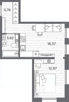1-к квартира, вторичка, 39м2, 2/7 этаж