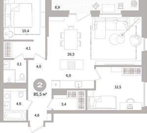 2-к квартира, вторичка, 86м2, 2/16 этаж
