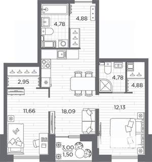 2-к квартира, вторичка, 61м2, 23/25 этаж